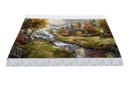 Tapestry 87x50 cm depicting a landscape: river and half-timbered house, bordered with fringes
