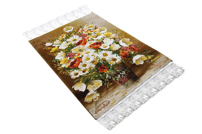 Diagonal wall tapestry: bouquet of flowers in a vase, brown background, side fringes