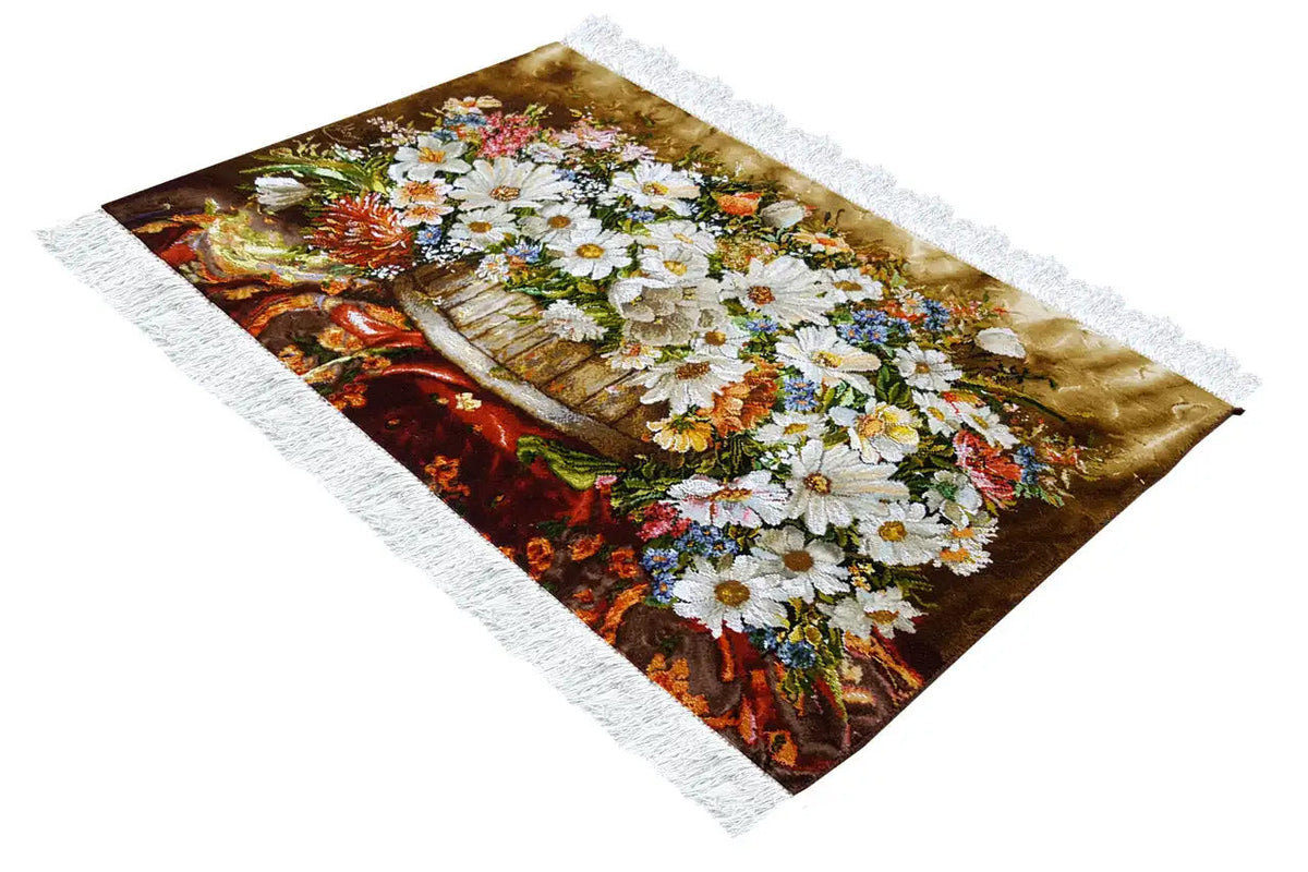 Floral tapestry, diagonal: white-bordered edge and floral motif on a brown background