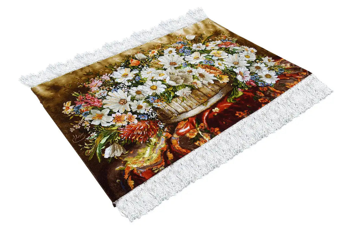 Floral wall tapestry with a white border and fringe, floral design on a brown background