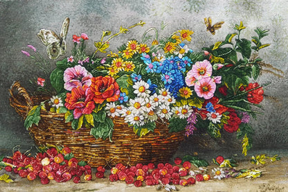 Picture rug with a bouquet of flowers in a basket and colorful details, dark background