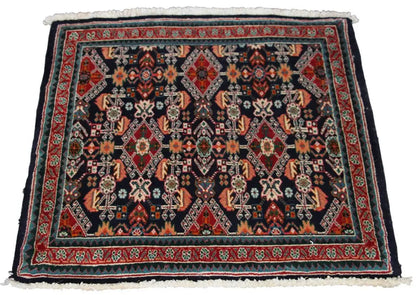 Oriental rug with a dark blue background, red border, and white fringes