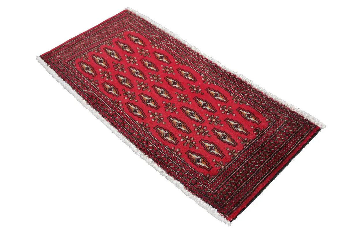 Poshti Turkmen carpet 104x48 cm, red pattern, surrounding border, fringes