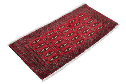 Poshti Turkmen rug 104x48 cm, red medallion pattern, double border, fringes
