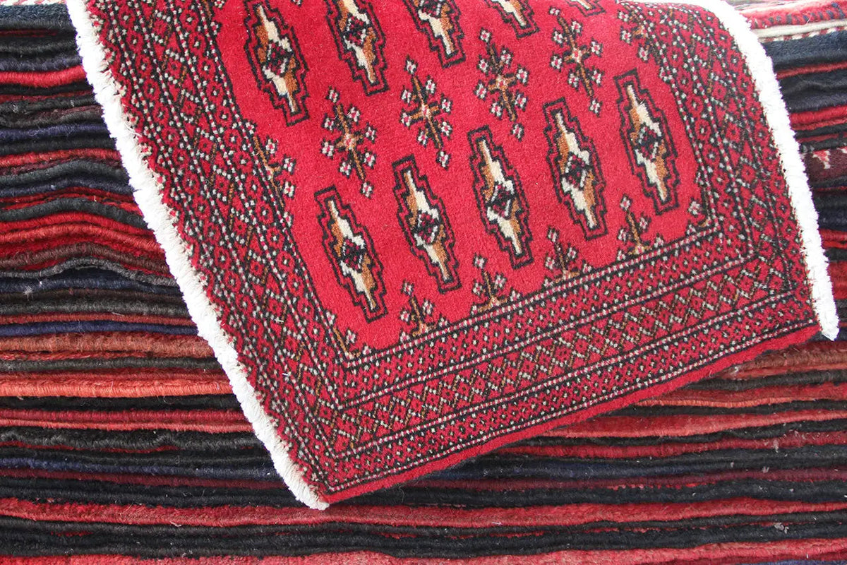 Poshti Turkmen carpet: red design with border ornaments, white fringes