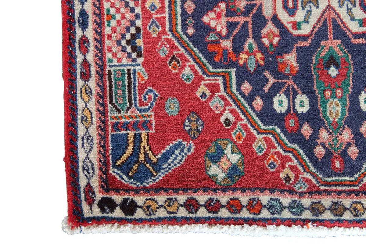 Corner detail of the Oriental rug: red background, blue pattern, geometric ornamentation