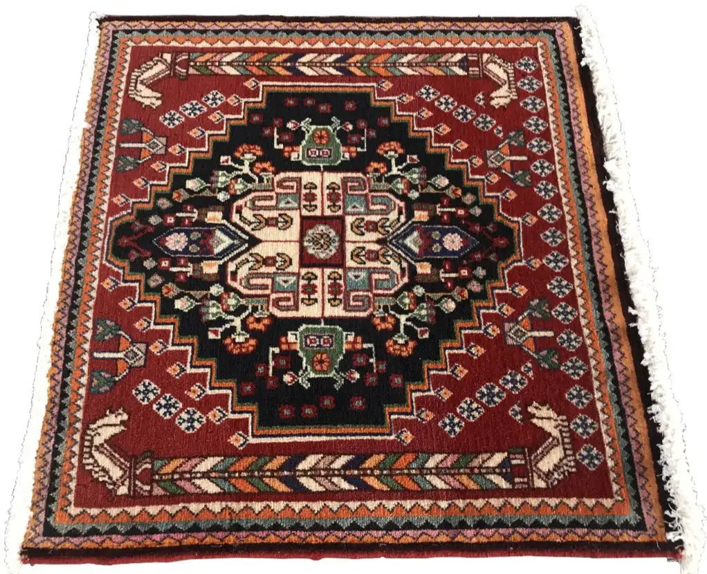 Oriental rug with a black medallion and burgundy border, multicolored pattern, tasseled fringe