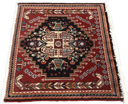 Oriental rug with a black medallion and burgundy border, multicolored pattern, tasseled fringe