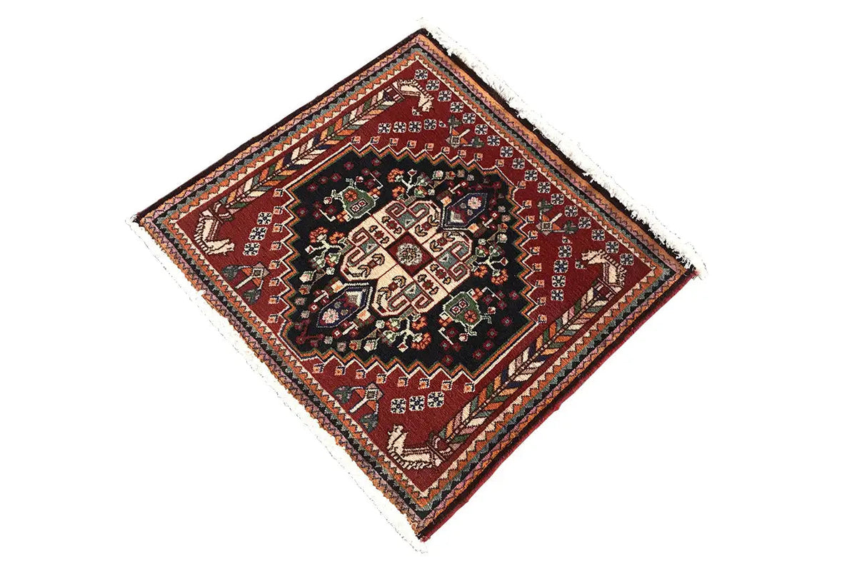 Square oriental rug, burgundy border with a geometric pattern, multicolored accents