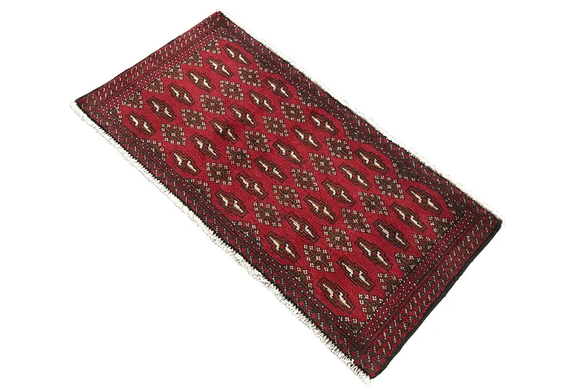 Poshti Turkmen rug (95x47 cm), reddish brown, rectangular, with geometric decorative motifs