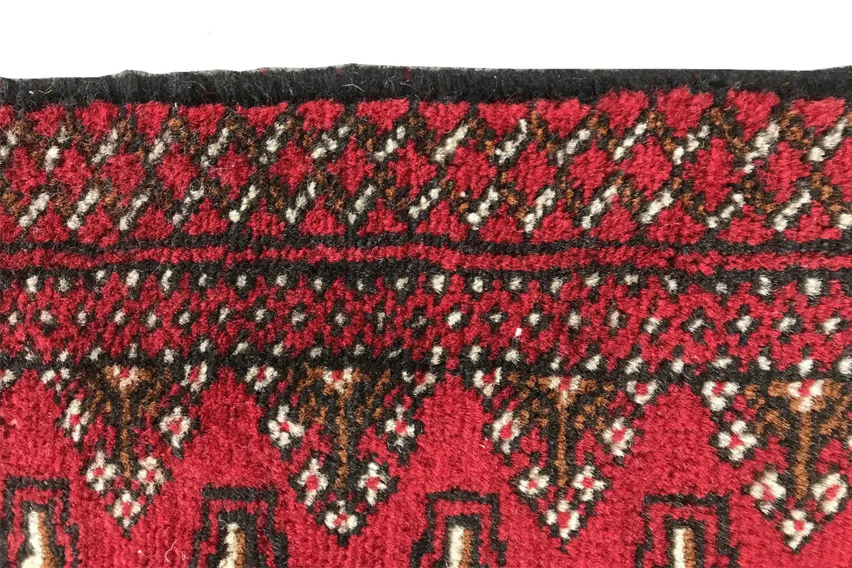 Poshti Turkmen carpet (95x47 cm) close-up of edge, fringe border, and ornamental trim