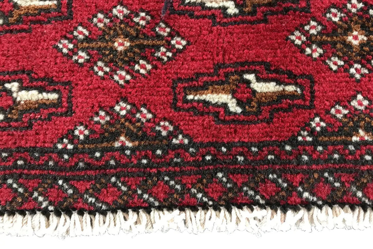 Poshti Turkmen carpet (95x47 cm), detail of the border with fringes and corner ornaments
