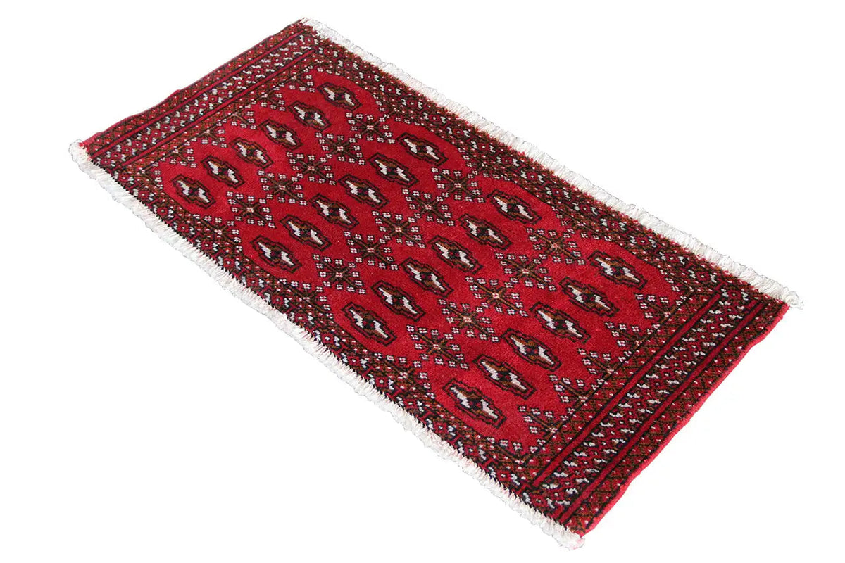 Rectangular Turkmen carpet, red with an ornamental pattern, white fringes along the edges