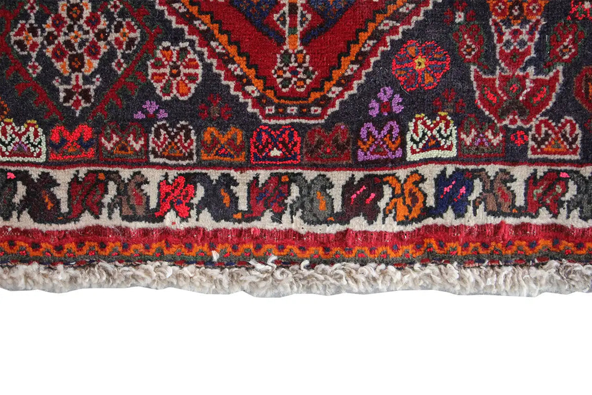 Detailed view of rug edge: multicolored border strip at the bottom and short pile with fringes.