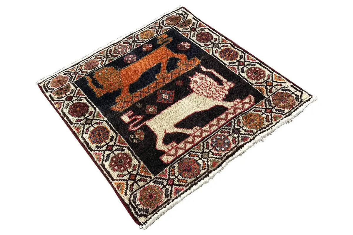 Poschti Qashqai rug 62x62 cm, square, diagonal view with decorative border