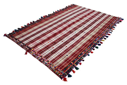 Jajim rug, red and white stripes, tassels along the edges