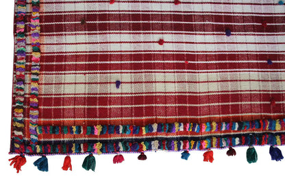 Jajim rug detail: colorful border stripe and fringe along the edge