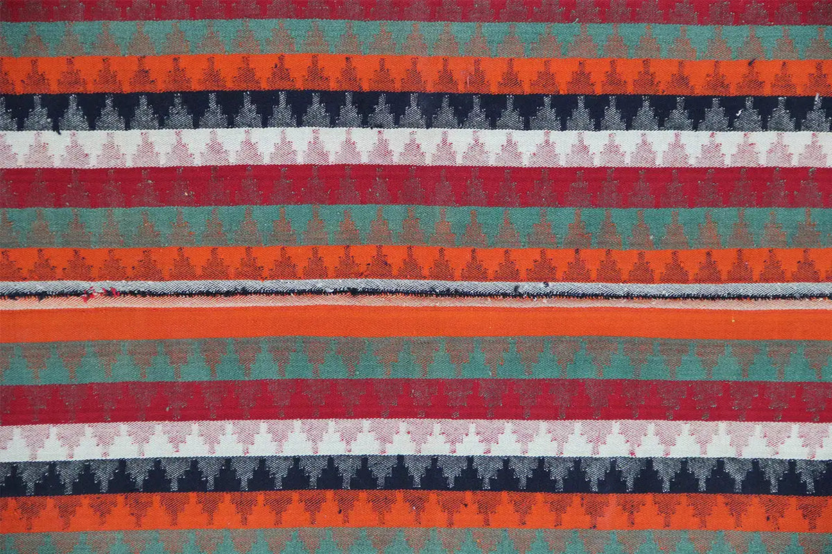 Jajim rug with horizontal stripes in orange, turquoise, red and blue.