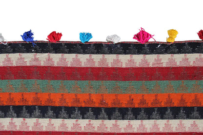 Jajim rug with horizontal bands of color and colorful tassels along the edge.