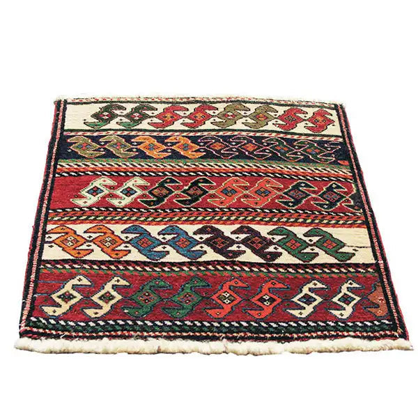 Qashqai rug by Poschti, 60x58 cm, patterned embroidery with fringes and decorative border
