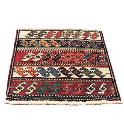 Qashqai rug by Poschti, 60x58 cm, patterned embroidery with fringes and decorative border