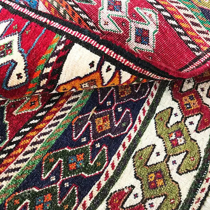 Qashqai carpet by Poschti, close-up: geometric patterns and decorative border in vibrant colors