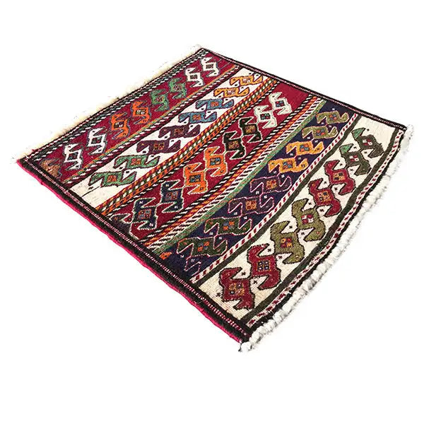Qashqai rug by Poschti, 60x58 cm: square design with colorful stripes and fringes