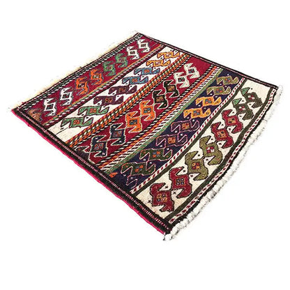 Qashqai rug by Poschti, 60x58 cm: square design with colorful stripes and fringes