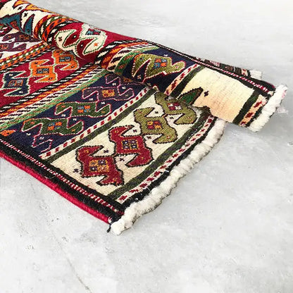 Qashqai rug by Poschti: edge view with fringes and multicolored ornamental bands