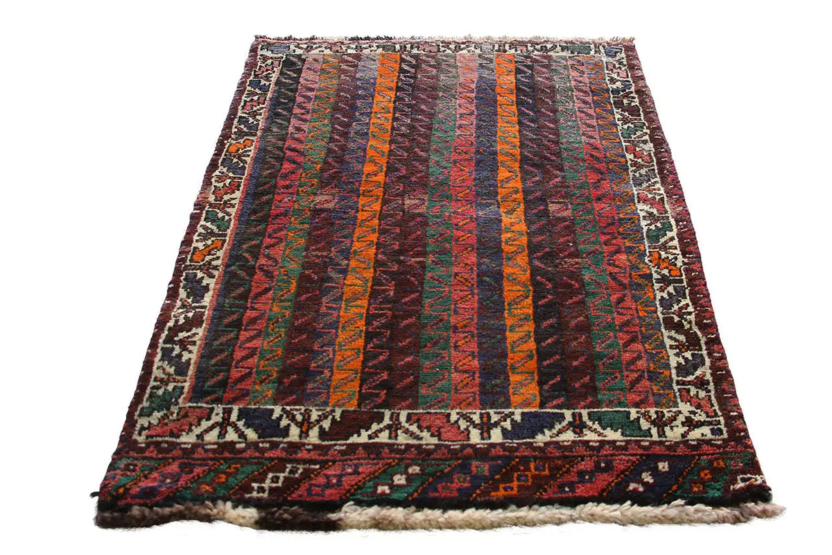 Oriental rug Shiraz-Qashqai with multicolored stripes, fringes, and an ornamental border