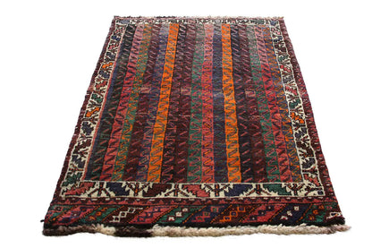 Oriental rug Shiraz-Qashqai with multicolored stripes, fringes, and an ornamental border