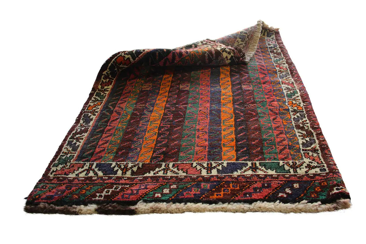 Oriental rug Shiraz-Qashqai: multicolored stripes with a decorative border and short fringes