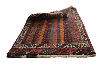 Oriental rug Shiraz-Qashqai: multicolored stripes with a decorative border and short fringes