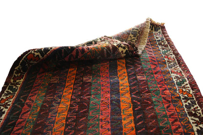 Oriental rug Shiraz-Qashqai with raised border, fringes and colorful stripes