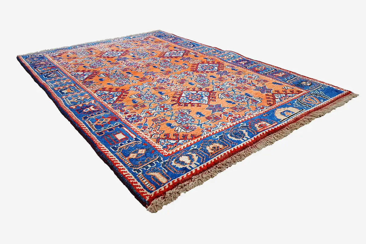 Carpet corner with a blue frame, orange ornamental pattern, and surrounding border