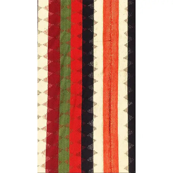 Jajim rug: vertical stripes in red, green, dark blue, and cream, close-up.