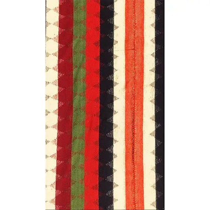 Jajim rug: vertical stripes in red, green, dark blue, and cream, close-up.