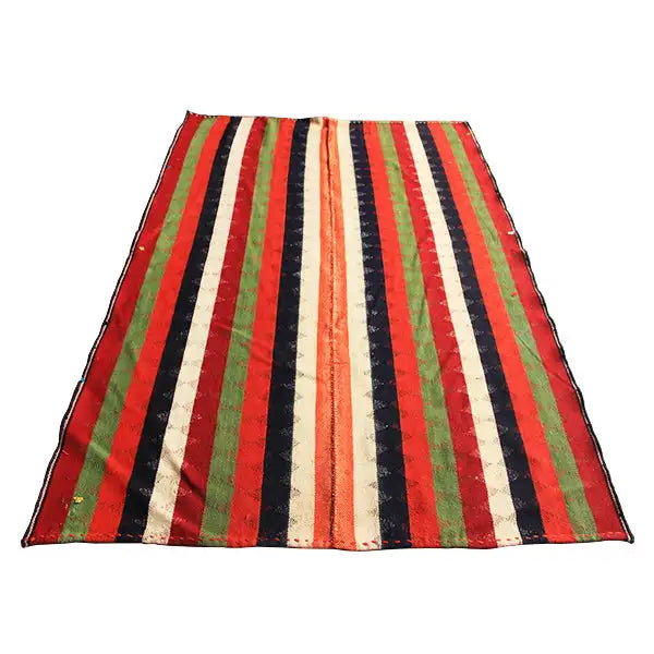 Jajim rug with wide stripes in red, green, dark blue, and cream, finished edges.