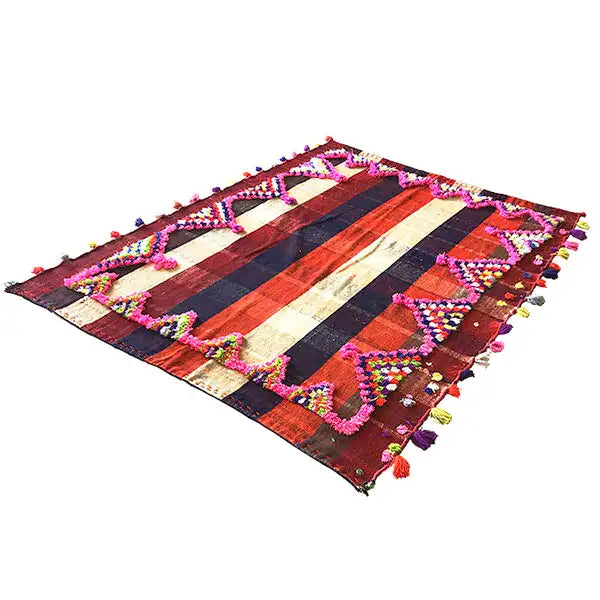 Colorful Jajim rug, flat-woven with a striped look and colorful fringe border