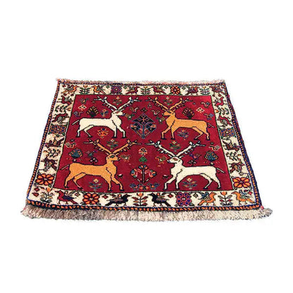 Qashqai rug 61x54 cm, red central field with animal motifs, fringed border
