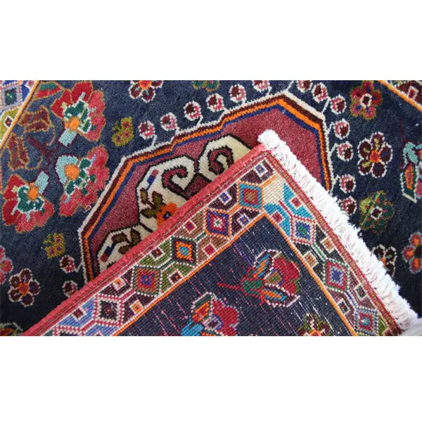 Poschti Qashqai carpet detail: colorful border, woven ornaments, and white fringe edge