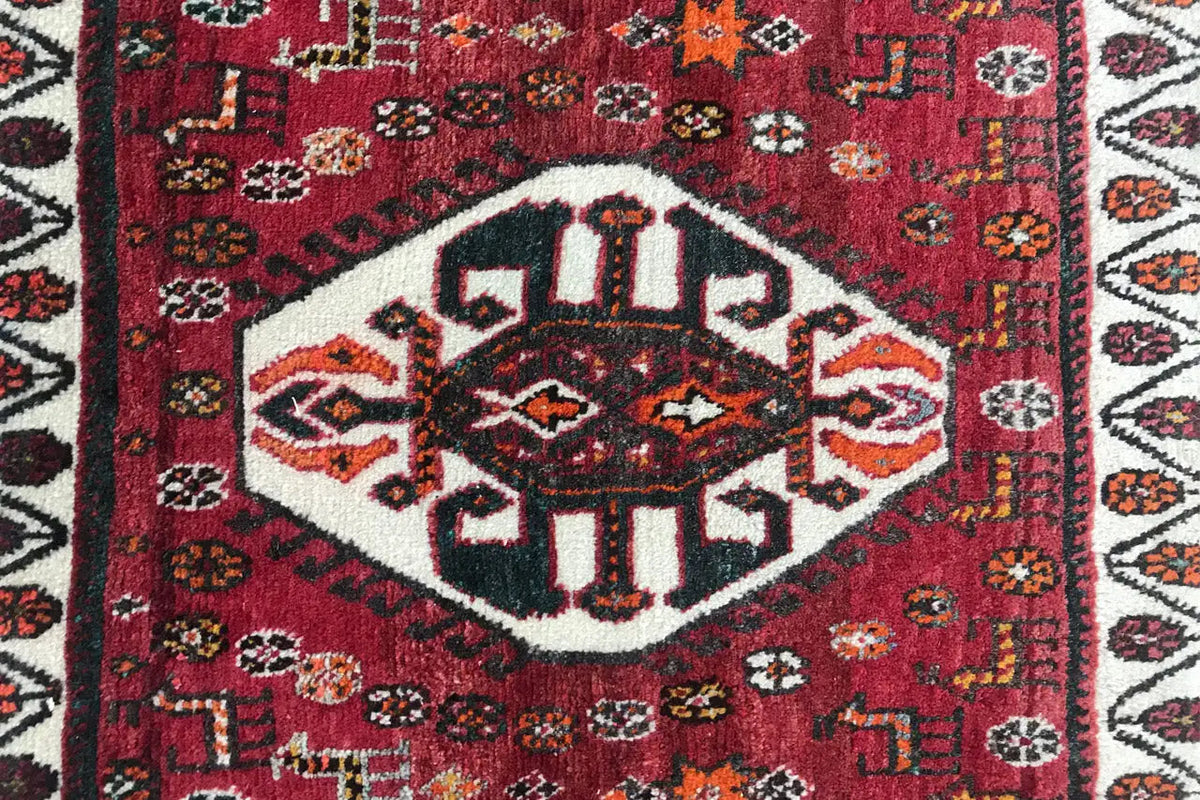Rug center motif: symmetrical ornaments in red, black, white, and orange