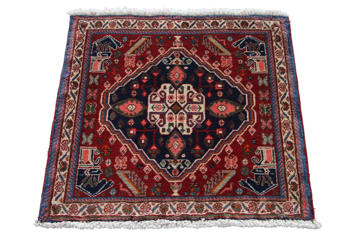 Oriental rug with a red background, blue border, geometric medallion, and fringe