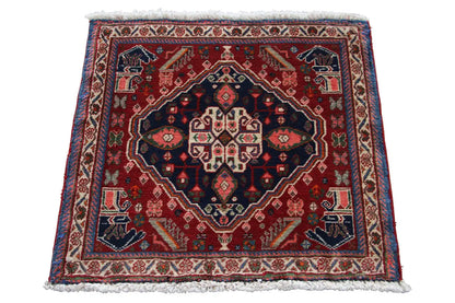 Oriental rug with a red background, blue border, geometric medallion, and fringe