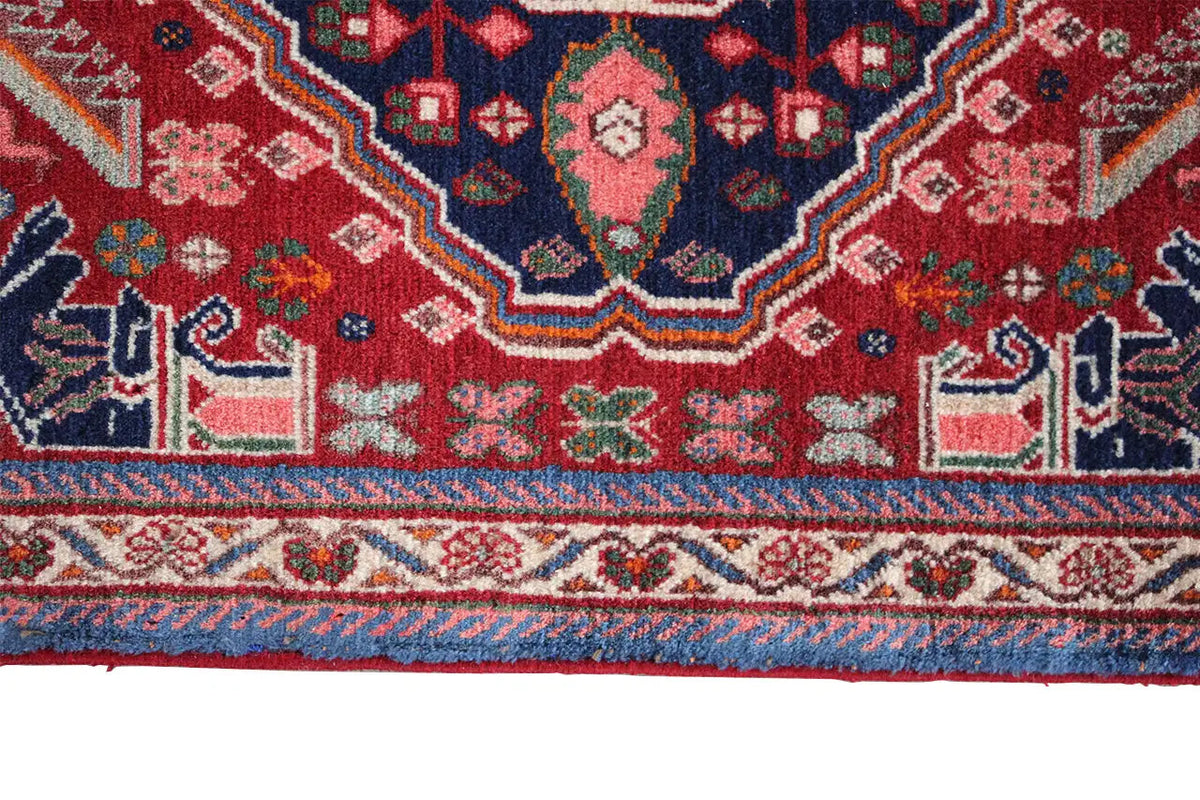Oriental carpet border detail, red area with colorful symbols and fringes