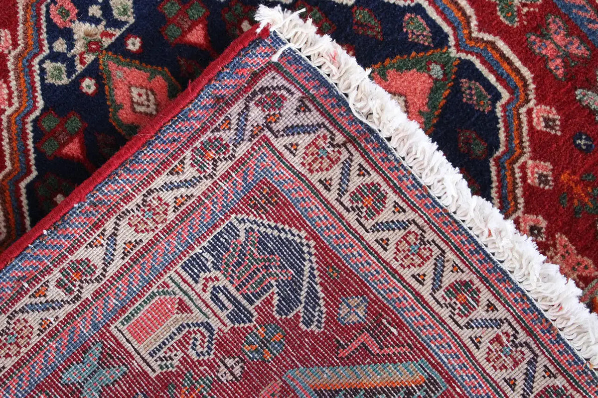 Oriental rug corner with a geometric pattern in red, blue and beige, white fringe