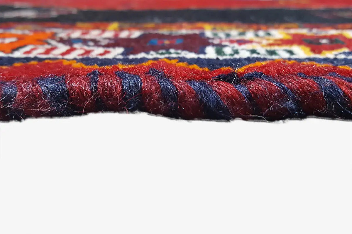 Close-up of the carpet edge: dense pile and multicolored fringes