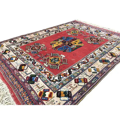 Soumak rug (200x145 cm) with a red patterned field and multicolored decorative border