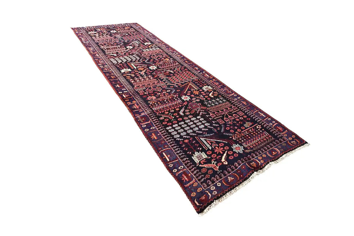 Hamadan runner rug with borders, dark blue ground and red pattern, approx. 379x115 cm