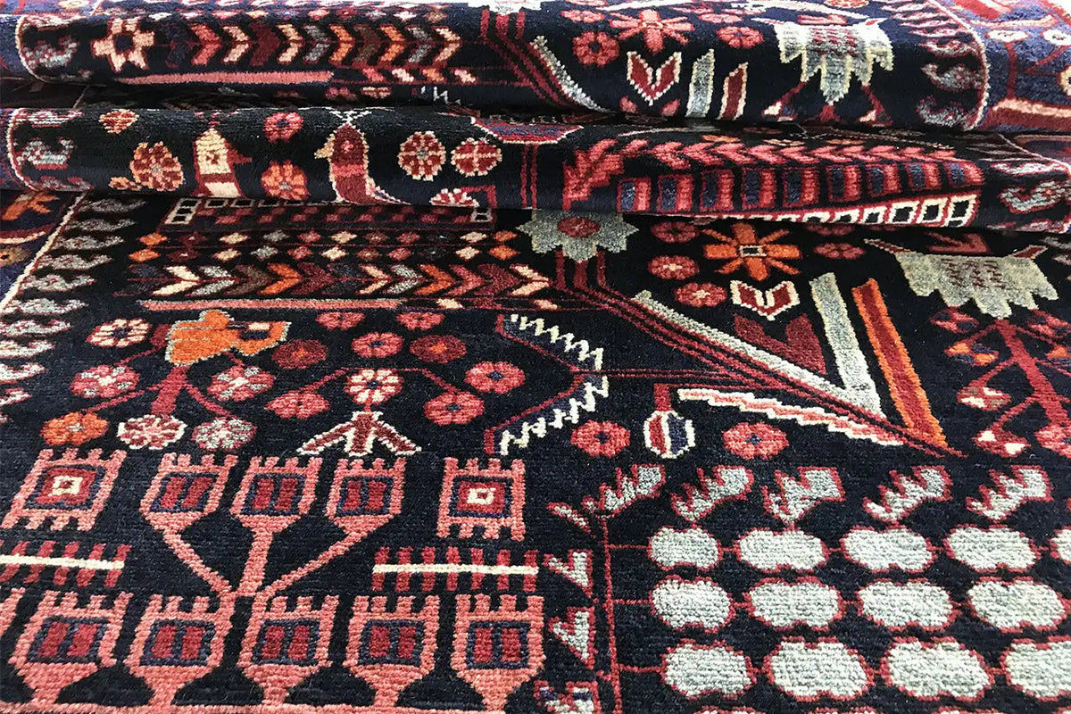 Close-up of a sample area: dark blue background with red, white, and orange ornaments